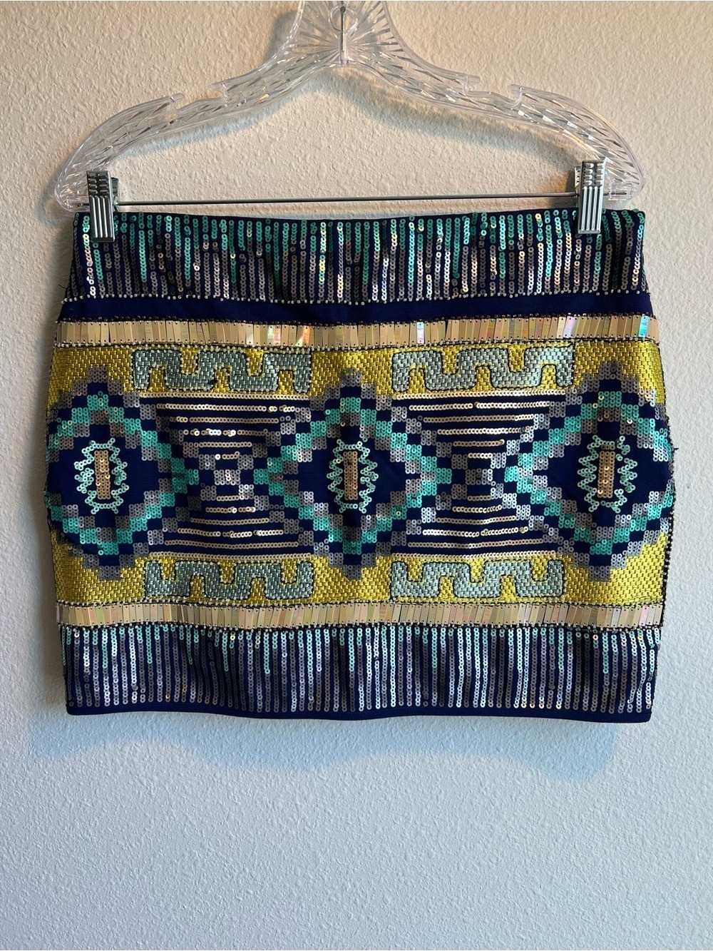 Fate Geometric Aztec Sequin Beaded Mini Skirt in Navy, Yellow & Teal